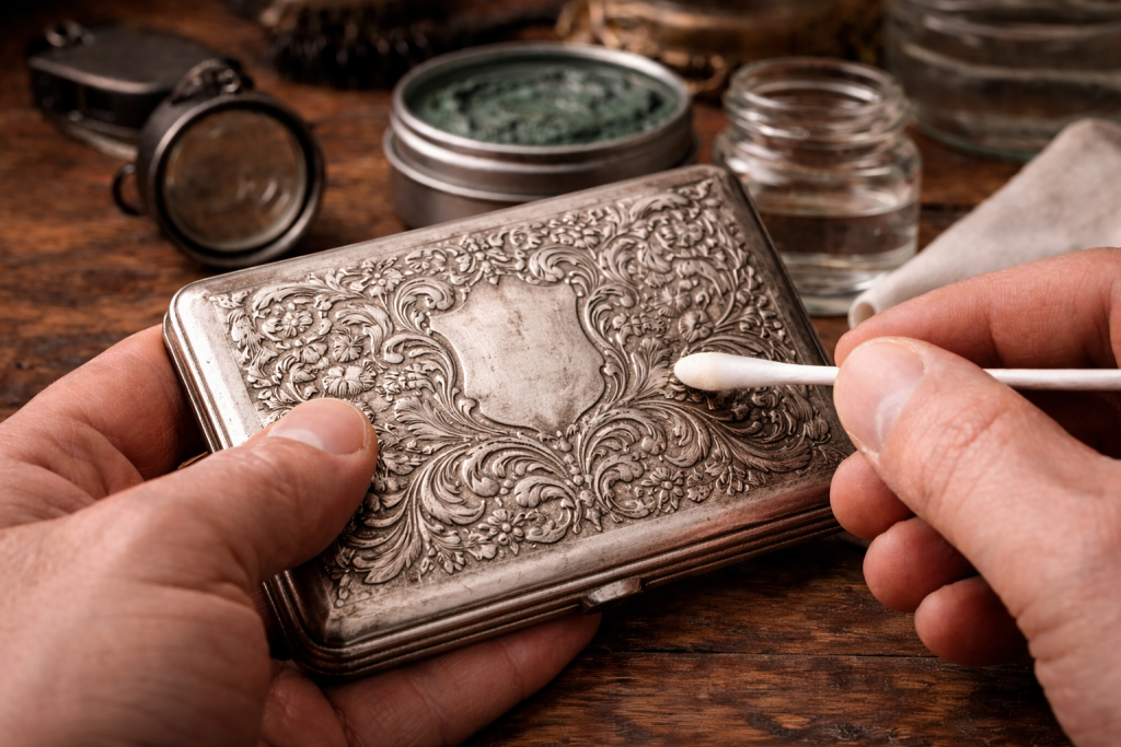 На зображенні реставратор чистить срібний портсігар