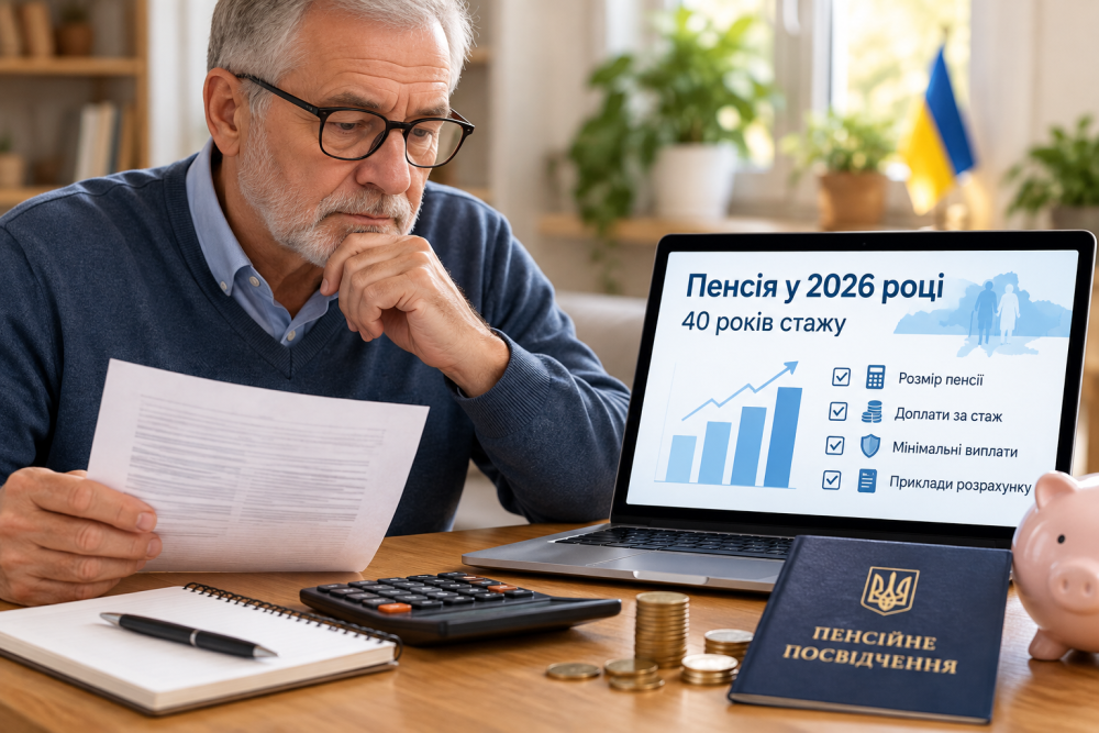 40 років стажу: яка пенсія у 2026 році, доплати й приклади розрахунку
